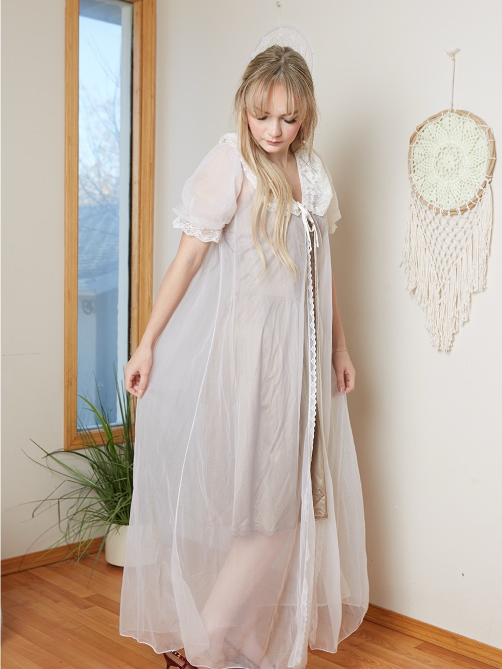 Vintage 70s Sheer Ivory Lace-Trim Long Robe with Tie Front